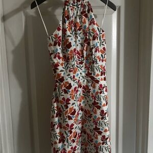 Francesca✨Floral Halter Midi Dress in Cream with Red & Orange Print